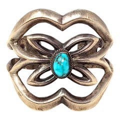 Vintage Navajo Sterling Silver Sandcast Wide Cuff Bracelet Turquoise Butterfly