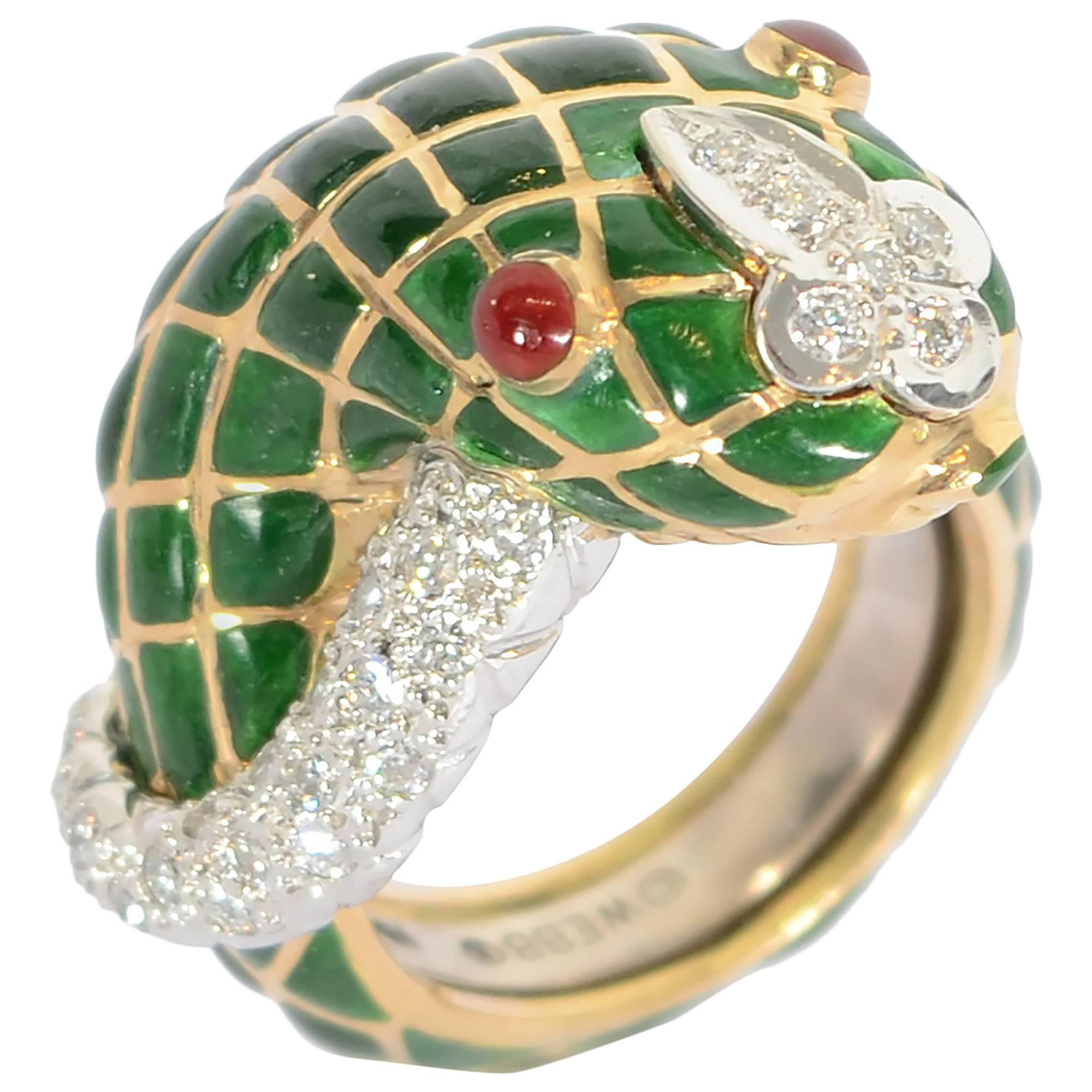 David Webb Enamel Diamond Gold Snake Ring