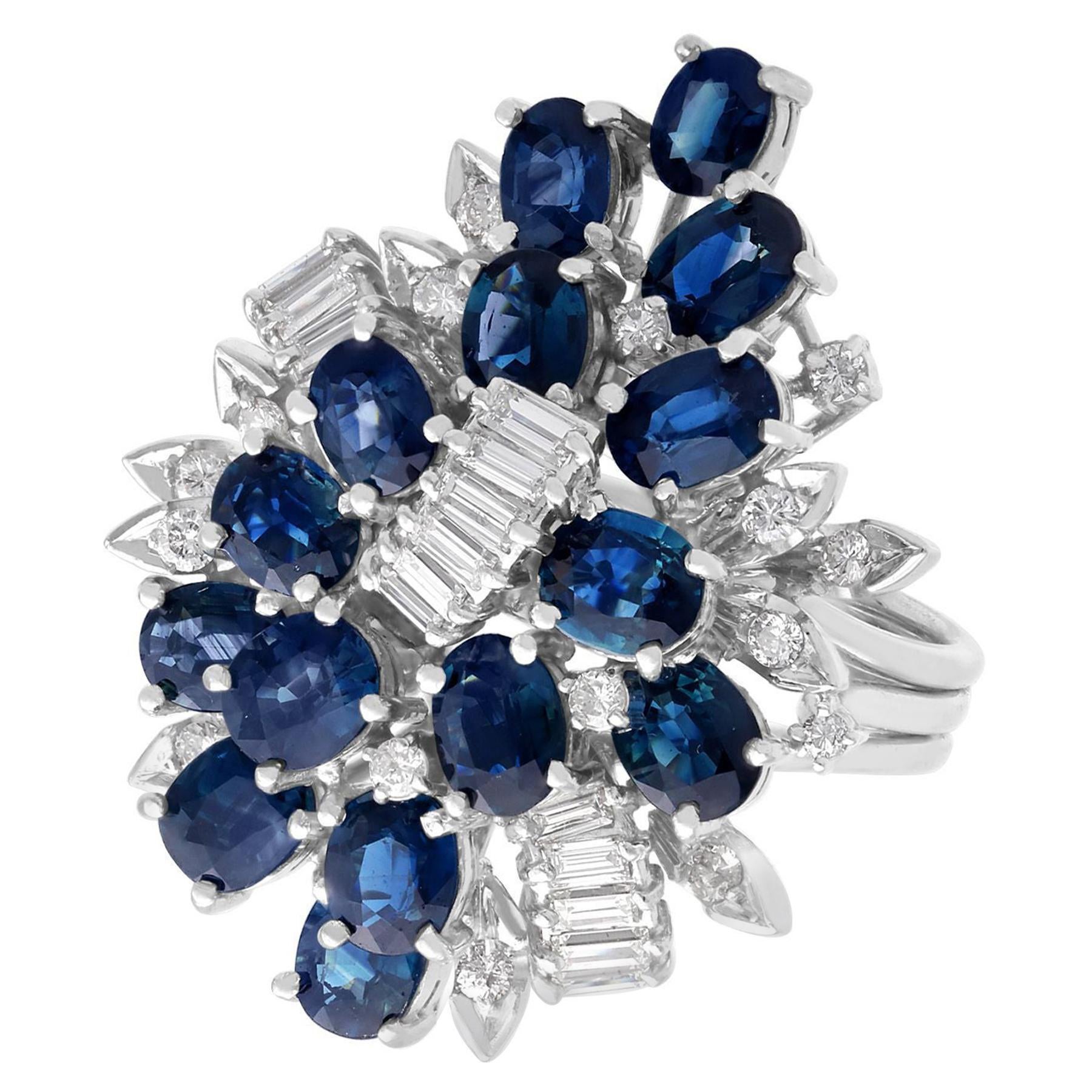 Vintage 5.25ct Sapphire 1.33ct Diamond White Gold Cocktail Ring, circa 1970 For Sale