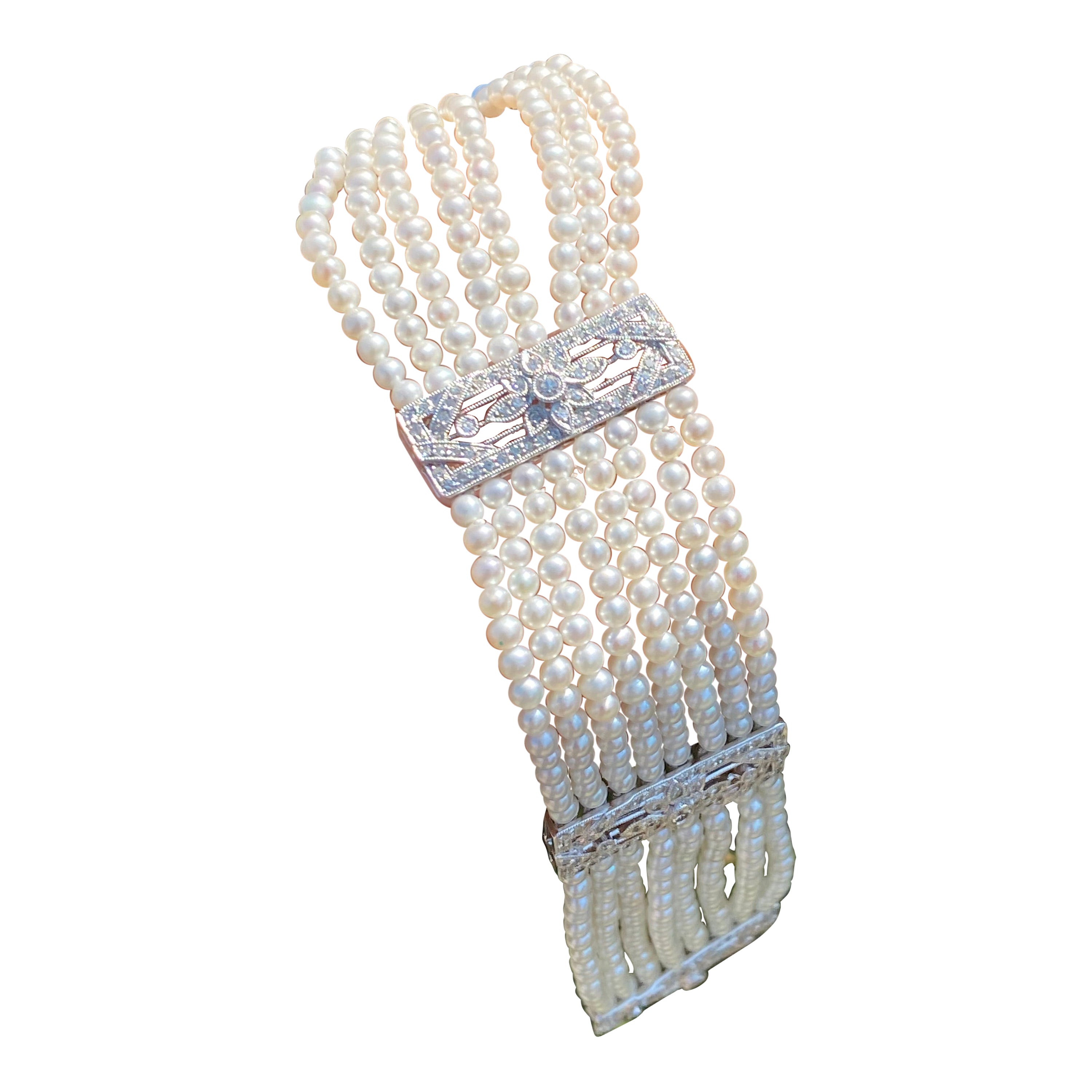8 Strand Pearl and Diamond Bracelet Platinum AAA Quality VS F-G Color For Sale