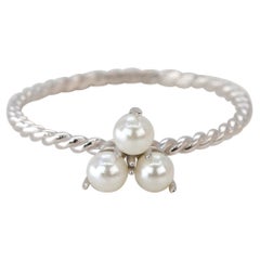 14K Gold Triple Pearl Ring, Dainty Cable Ring with Tria Pearl 14k White Gold