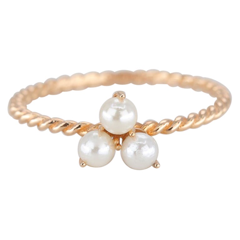 14K Gold Triple Pearl Ring, Dainty Cable Ring with Tria Pearl 14k Rose Gold