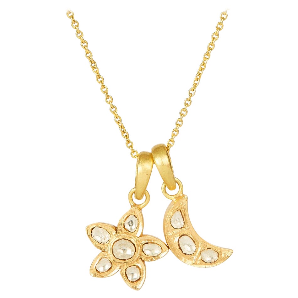 18 Karat Gold Set Polki Diamond Star & Moon Pendants on 18 Karat Gold Chain For Sale