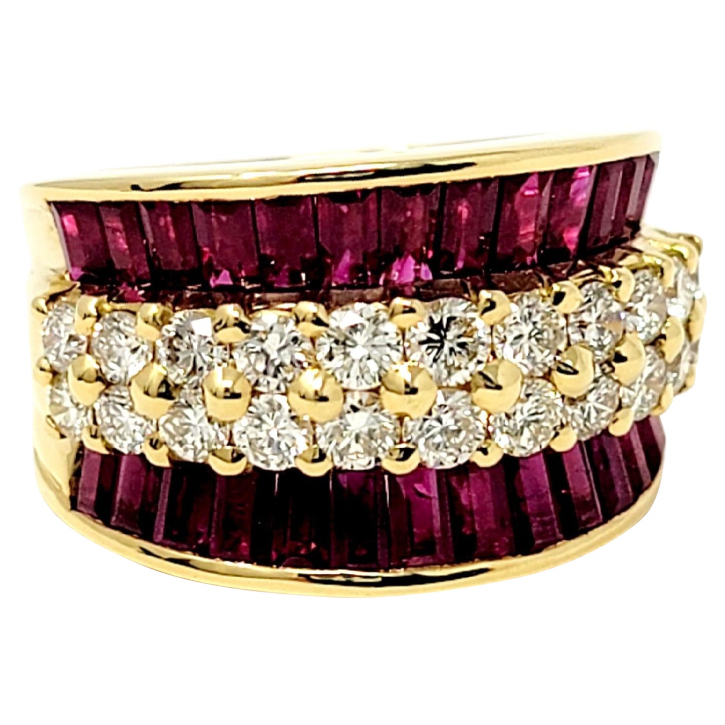 Baguette Ruby and Round Diamond Band Ring 18 Karat Yellow Gold 2.60 Carats Total For Sale
