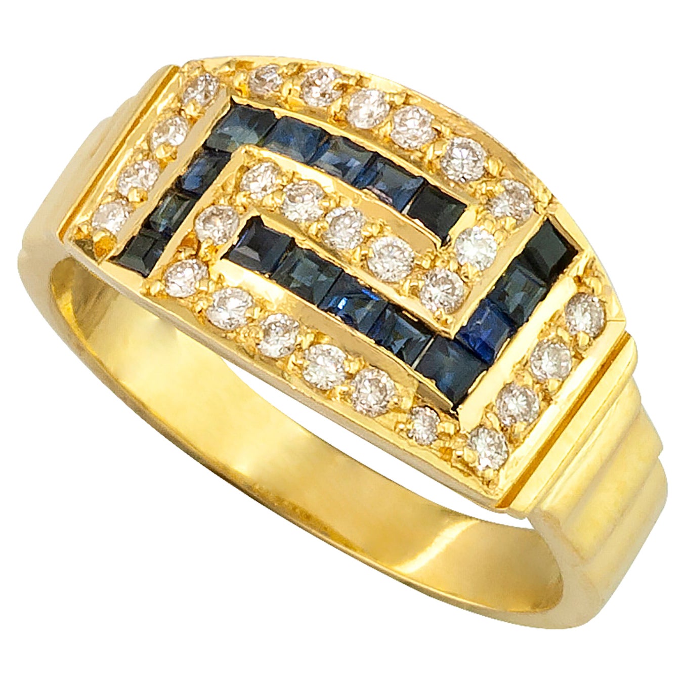 Georgios Collections 18 Karat Yellow Gold Diamond Sapphire Greek Key Band Ring For Sale