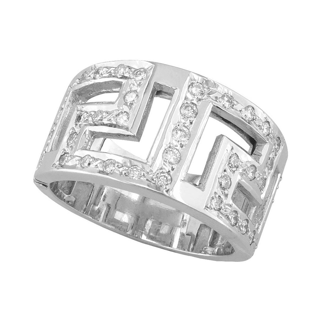 Georgios Collections 18 Karat White Gold Diamond Greek Key Wide Band Ring For Sale