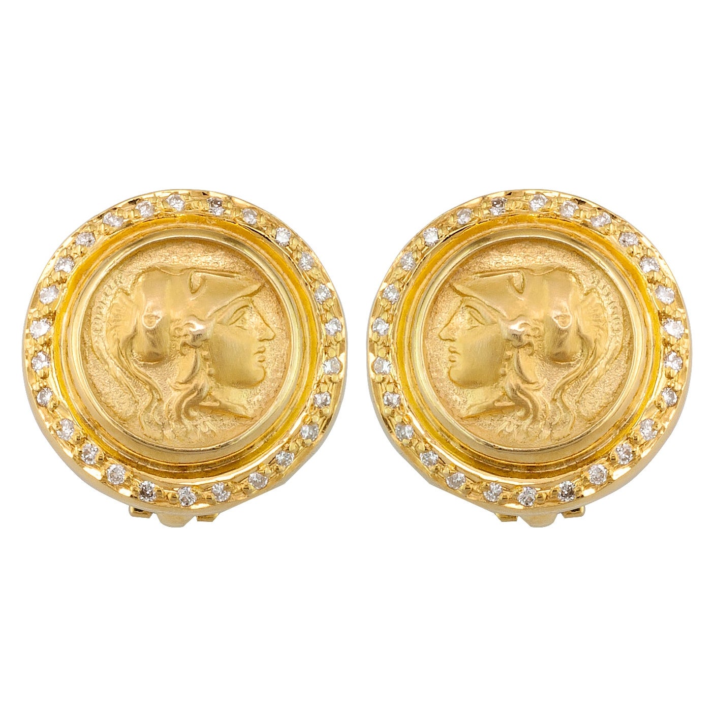 Georgios Collections 18 Karat Gold Clip Earrings with Athina Coin and Diamonds