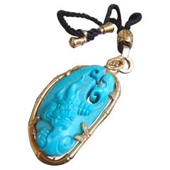 140Carat Natural Sleeping Beauty Turquoise Carving Nacklace Gold & Diamond