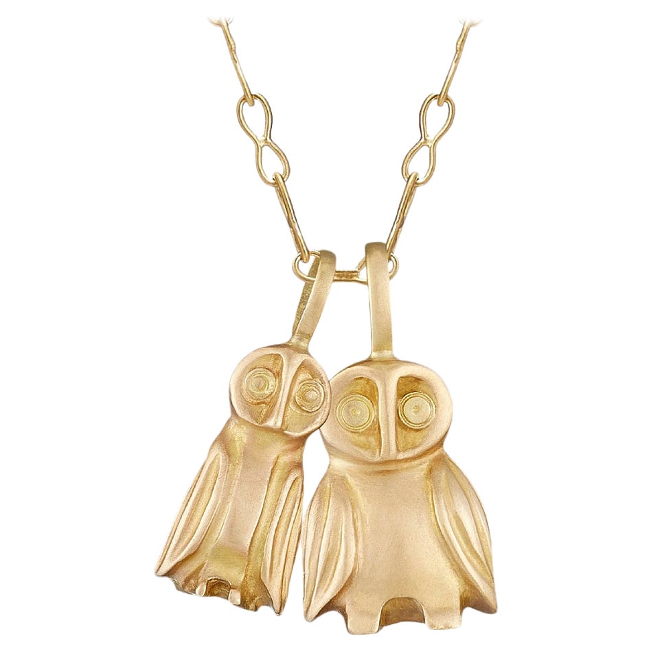 18 Karat Gold Hand-Carved Owls, Hanging on a Handmade 18 Karat Gold Chain