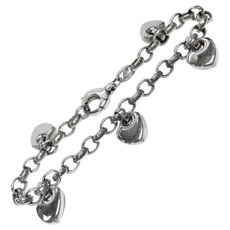 14 Karat White Gold Italian Heart Charm Bracelet For Sale at 1stDibs