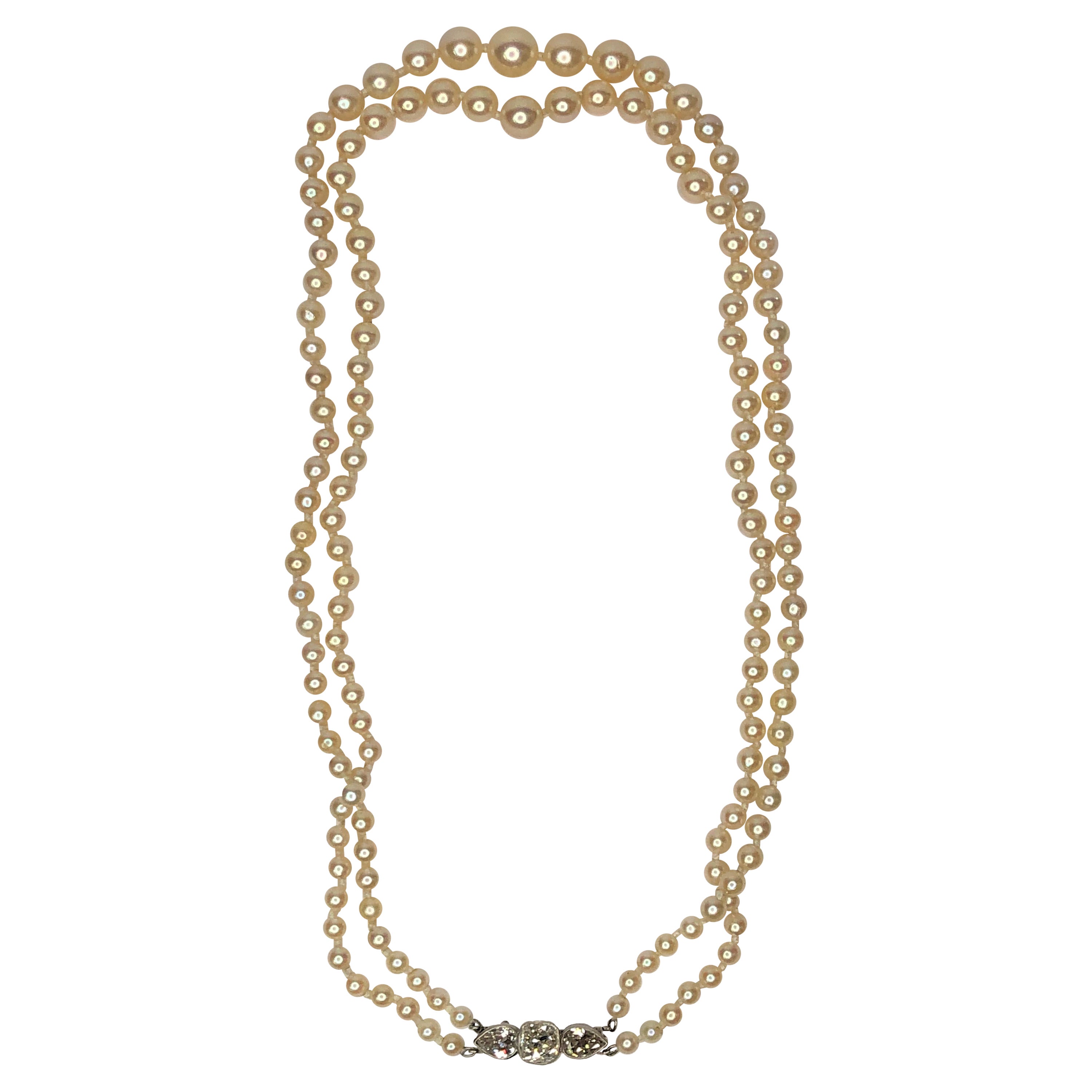 Double Strand Pearl Necklace with Diamond Clasp