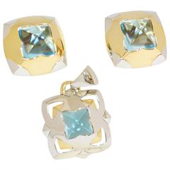 Bulgari Pyramide Aquamarine Gold Earrings Pendant Necklace