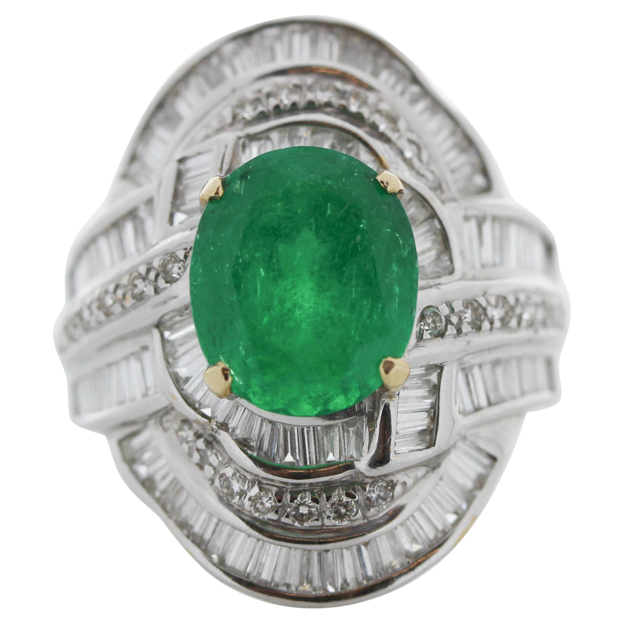 3.89 Carat Oval Emerald & Diamond Cocktail Ring in 18K White Gold For Sale