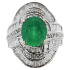 3.89 Carat Oval Emerald & Diamond Cocktail Ring in 18K White Gold