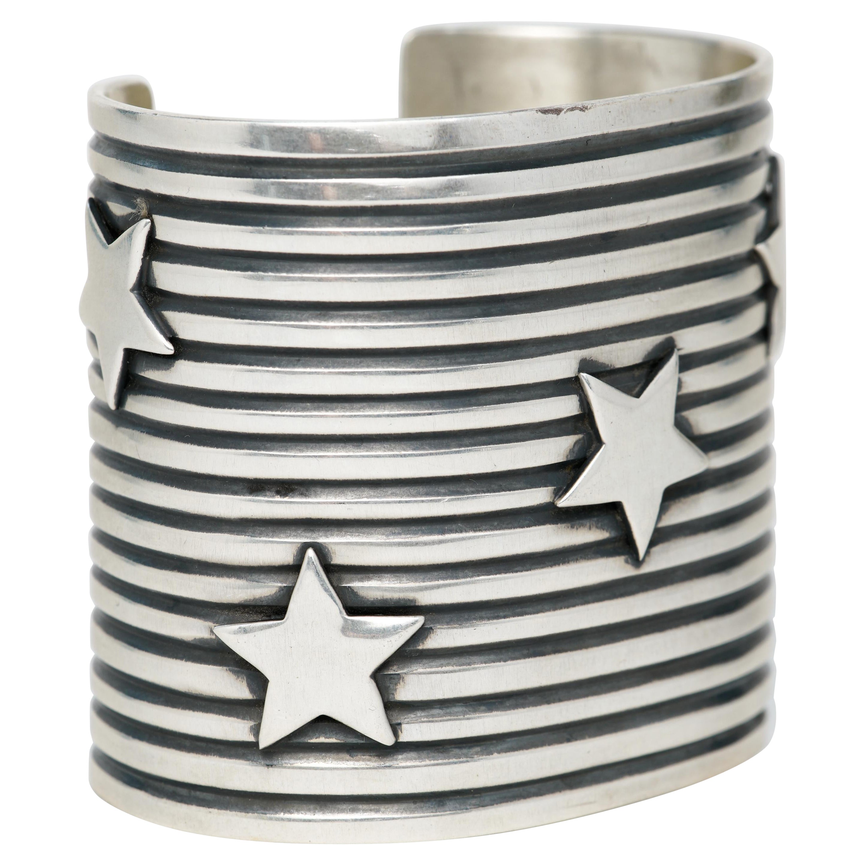 Native American Signed A. Cadman Wide Silver Cuff For Sale