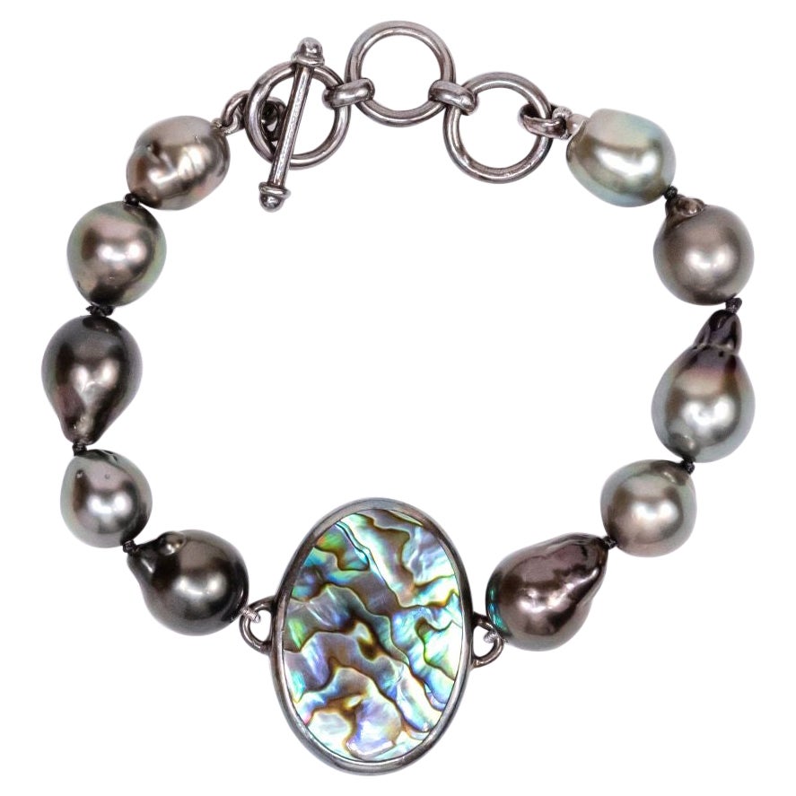 Sterling Silver Clasp Abalone Medallion Tahitian Pearls Beaded Bracelet For Sale