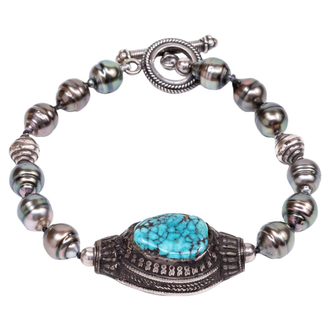 Sterling Silver Clasp Tibetan Turquoise Tahitian Pearls Beaded Bracelet For Sale