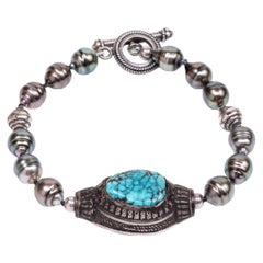 Sterling Silver Clasp Tibetan Turquoise Tahitian Pearls Beaded Bracelet
