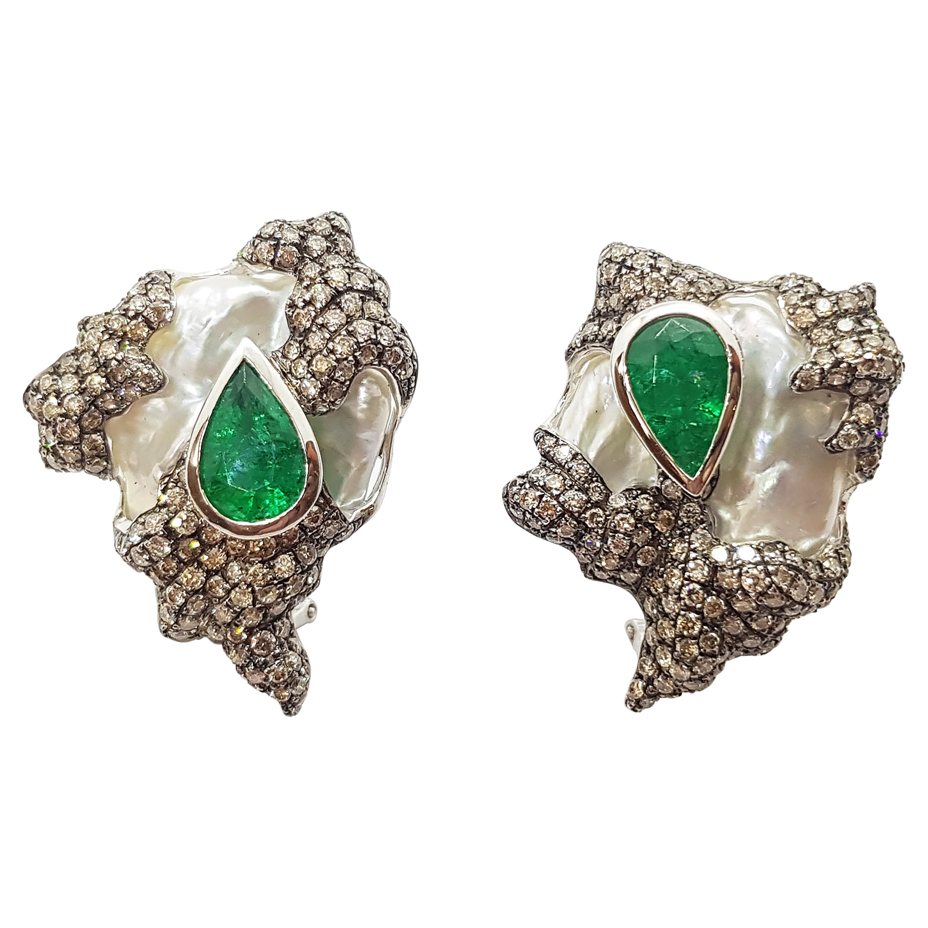 Pearl, Emerald and Brown Diamond Earrings Set in 18 Karat White Gold Settings For Sale