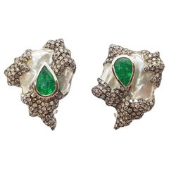 Pearl, Emerald and Brown Diamond Earrings Set in 18 Karat White Gold Settings