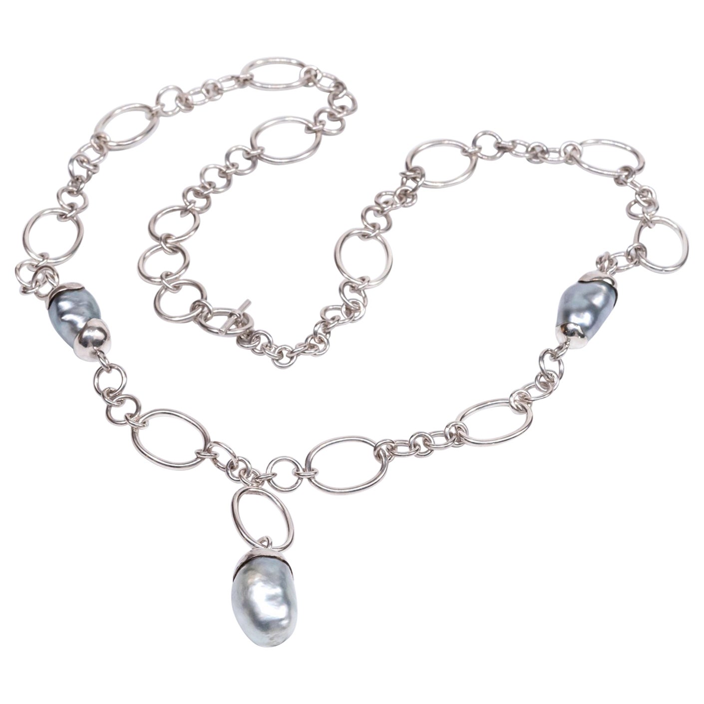 Sterling Silver Baroque South Sea Pearls Drop Chain Necklace For Sale