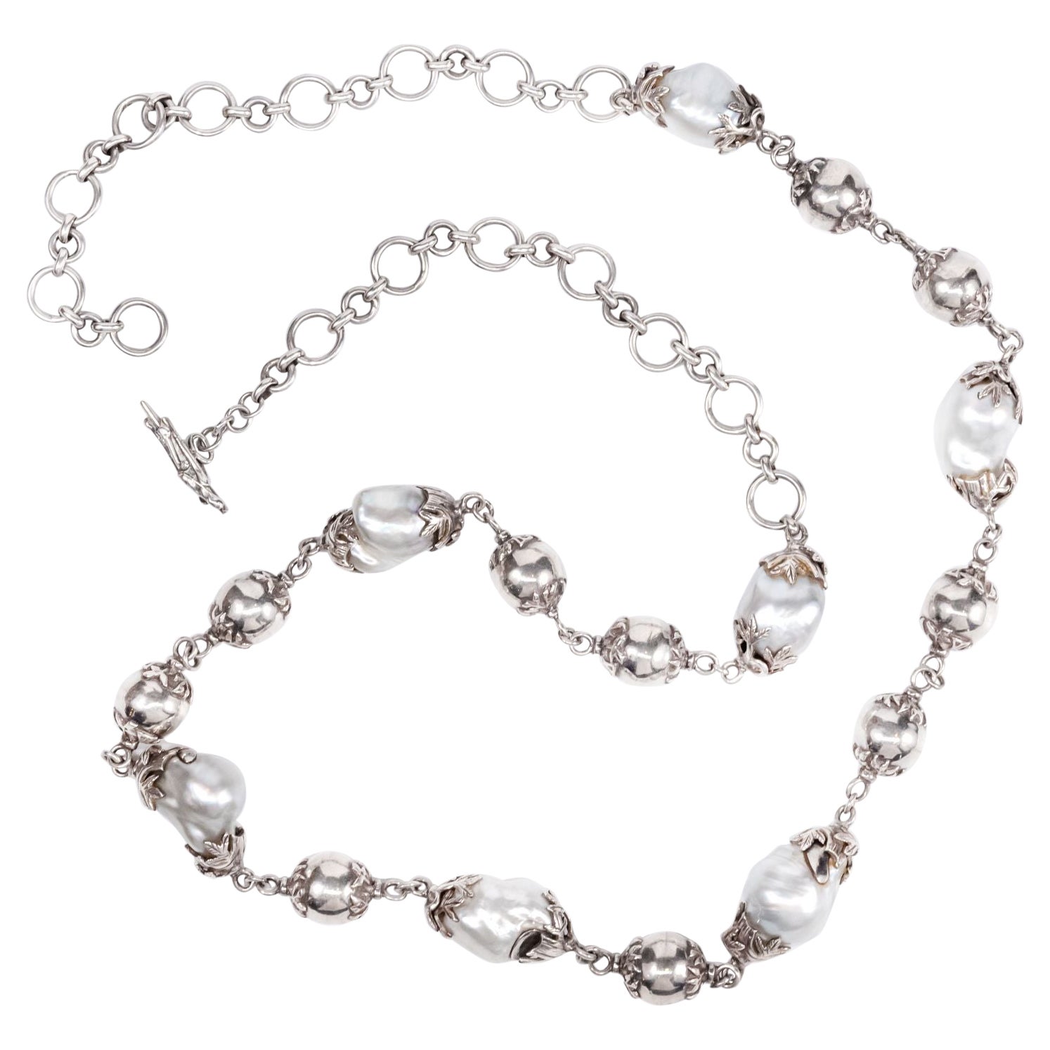 Sterling Silver Beads Long Baroque South Sea Pearls Chain Necklace For Sale