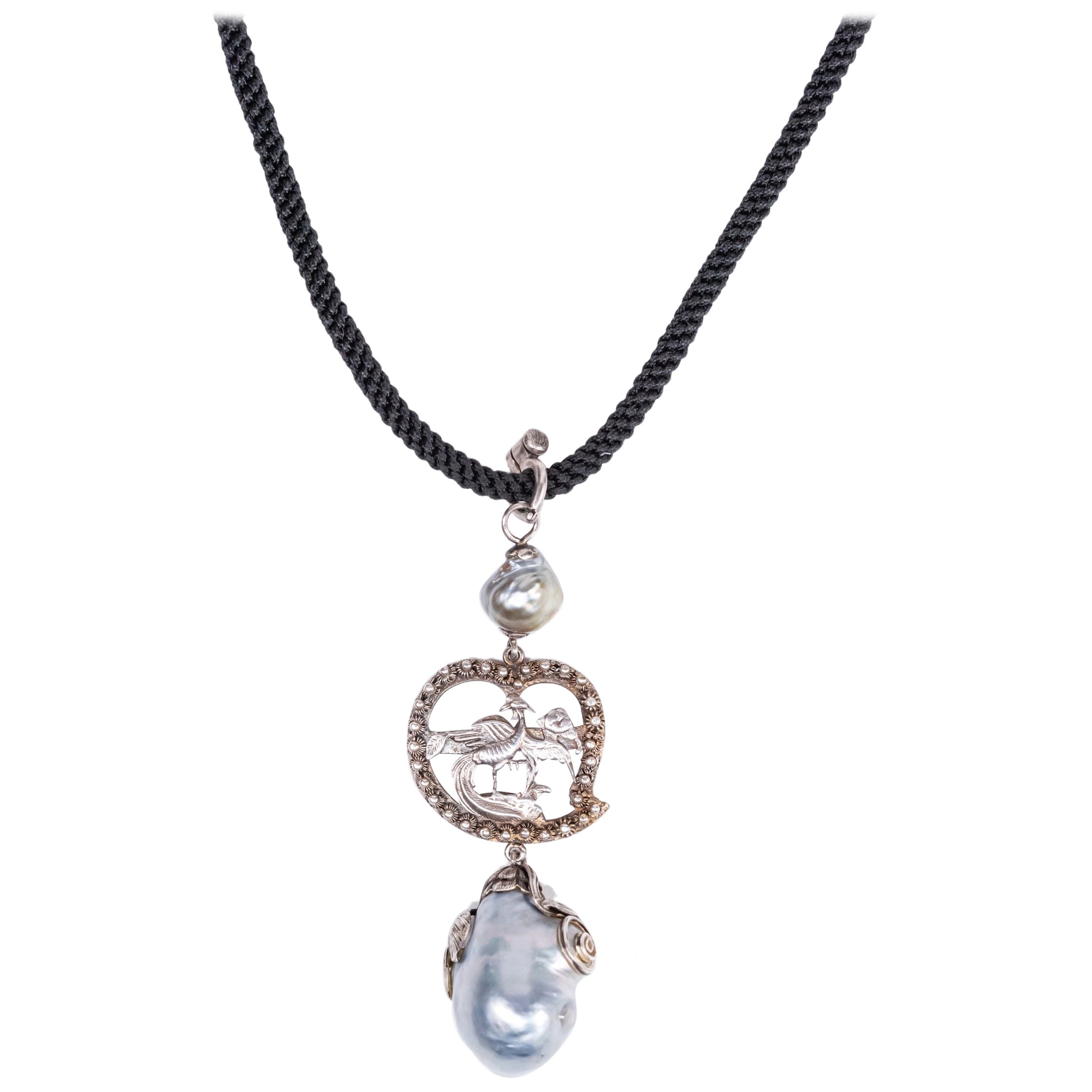 Sterling Silver Vintage Phoenix Baroque South Sea Pearl Necklace Enhancer For Sale