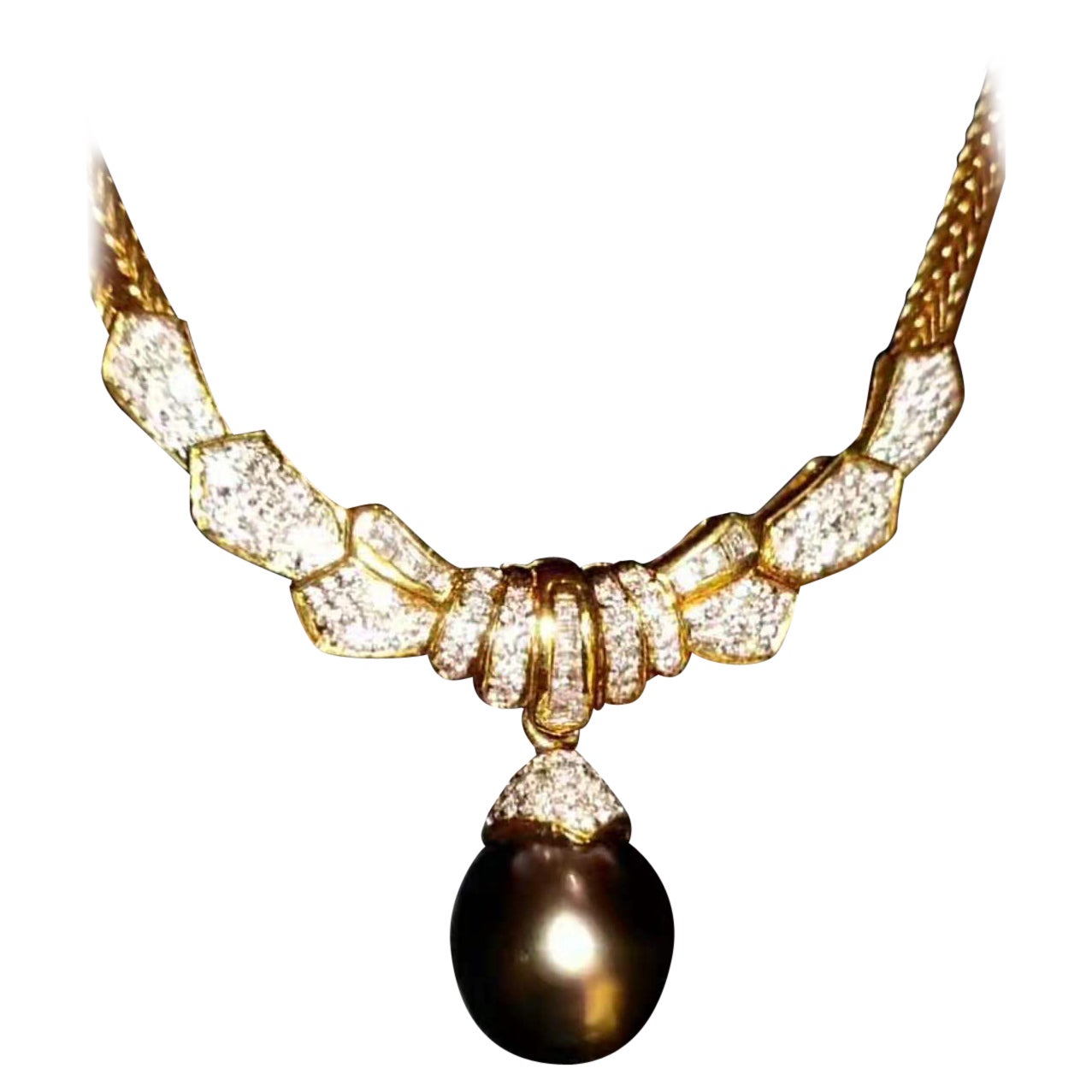 1.36CTS Diamand Tahitian Black Pearl 18K Gold Necklace Italy Made  For Sale