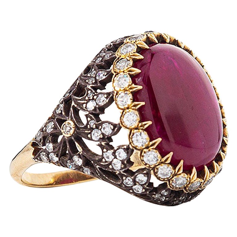Antique Inspired Handcrafted 10, 52 Burmese Ruby Cocktail Ring For Sale