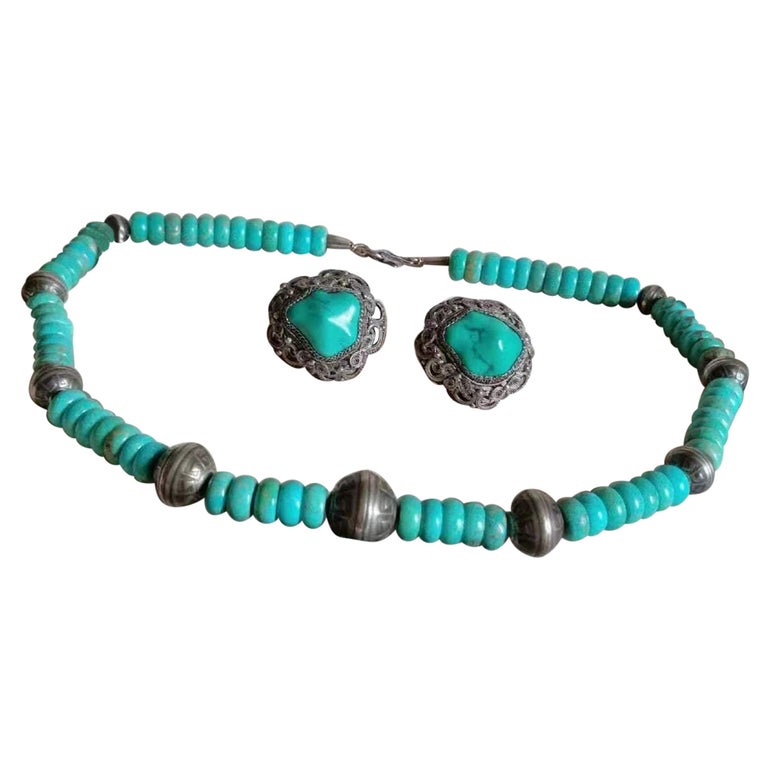 Arizona Turquoise Necklace and Ear Clip Set For Sale at 1stDibs
