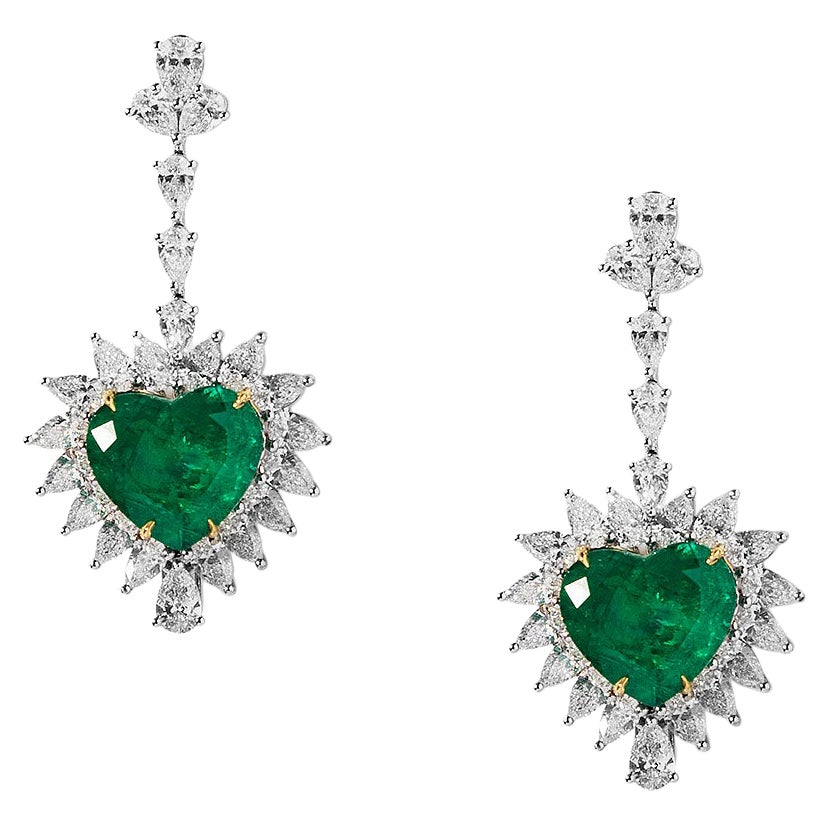 13, 03 Carat Colombian Emerald Heart Shaped Earring with 7.23  Carat Diamonds For Sale