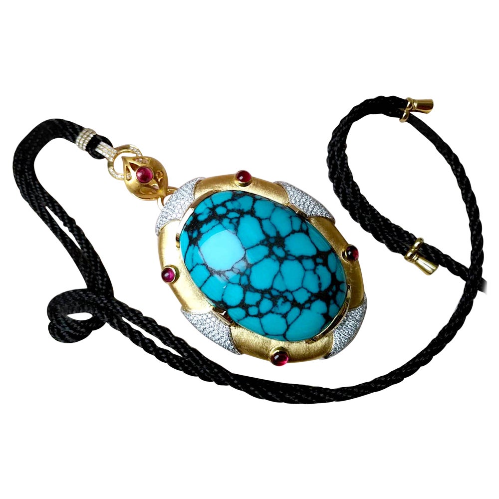 160CTS Top Grade YunGai Turquoise 18 Karat Gold Pandent Necklace, Diamond & Ruby For Sale