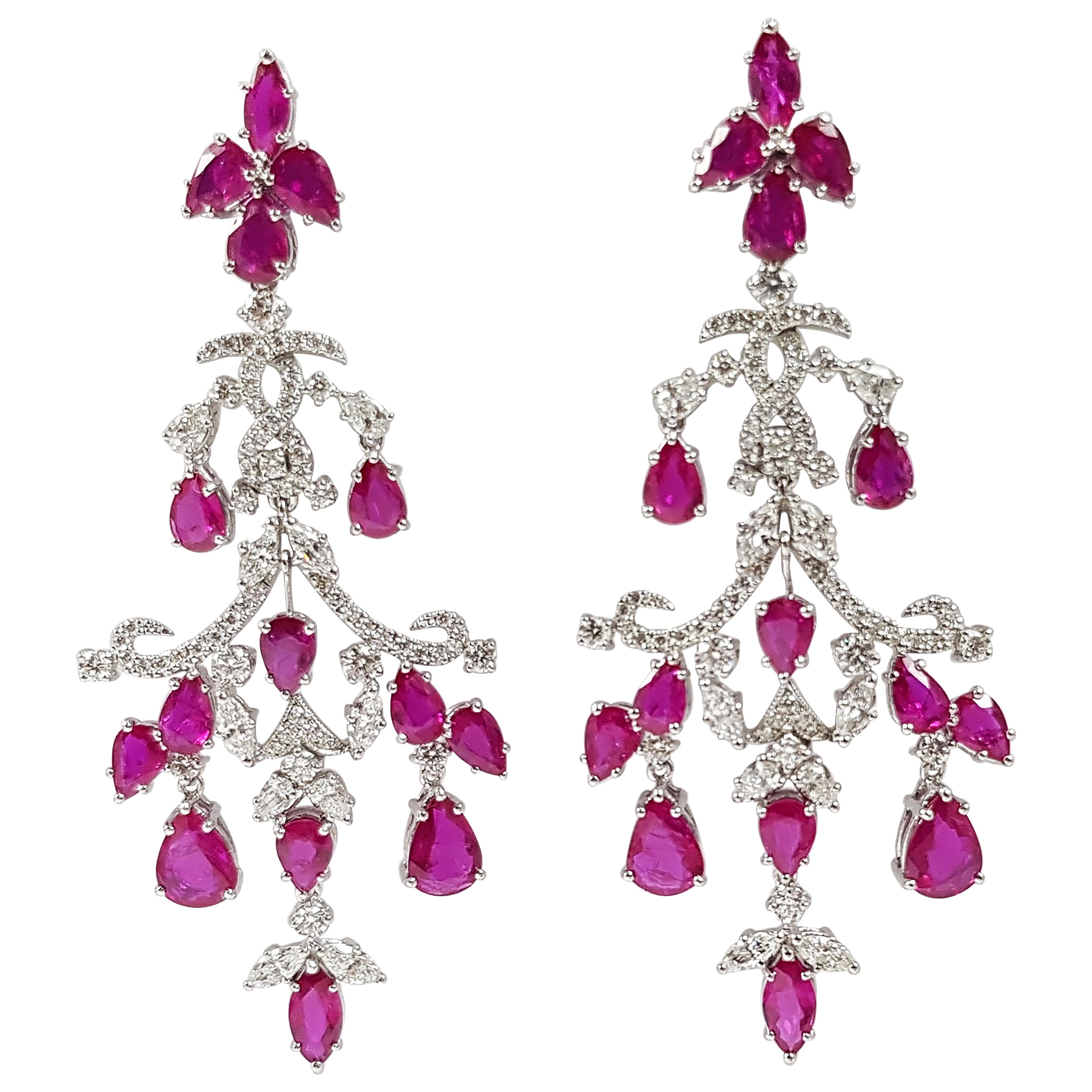 Ruby with Diamond Chandelier Earrings Set in 18 Karat White Gold Settings For Sale