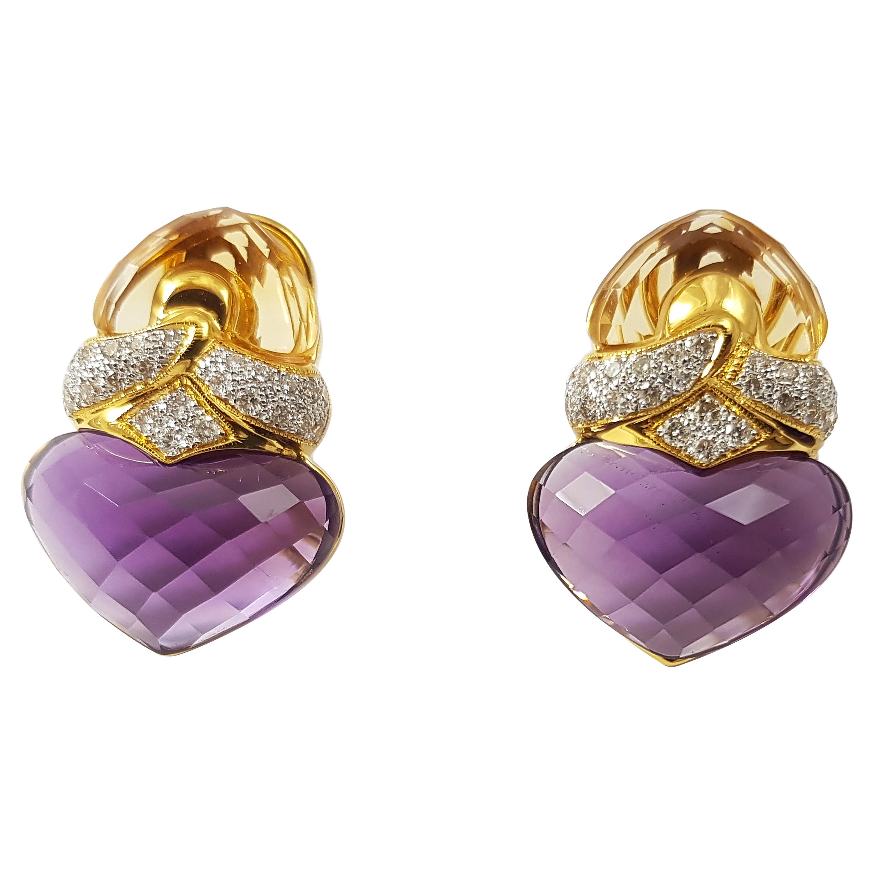 Citrine, Amethyst with Diamond Earrings Set in 18 Karat Gold Settings For Sale
