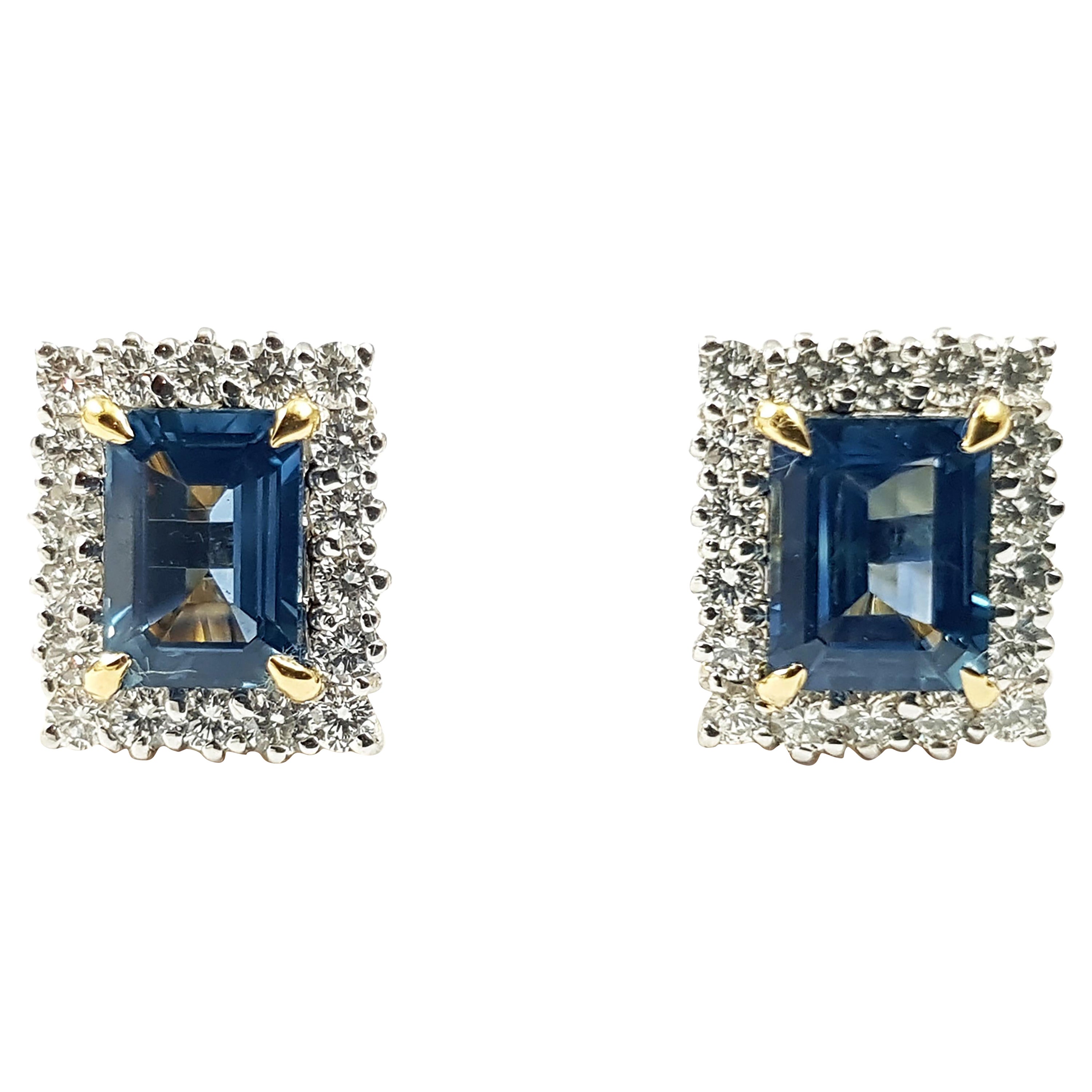 Emerald Cut Blue Sapphire with Diamond Earrings Set in 18 Karat Gold Settings