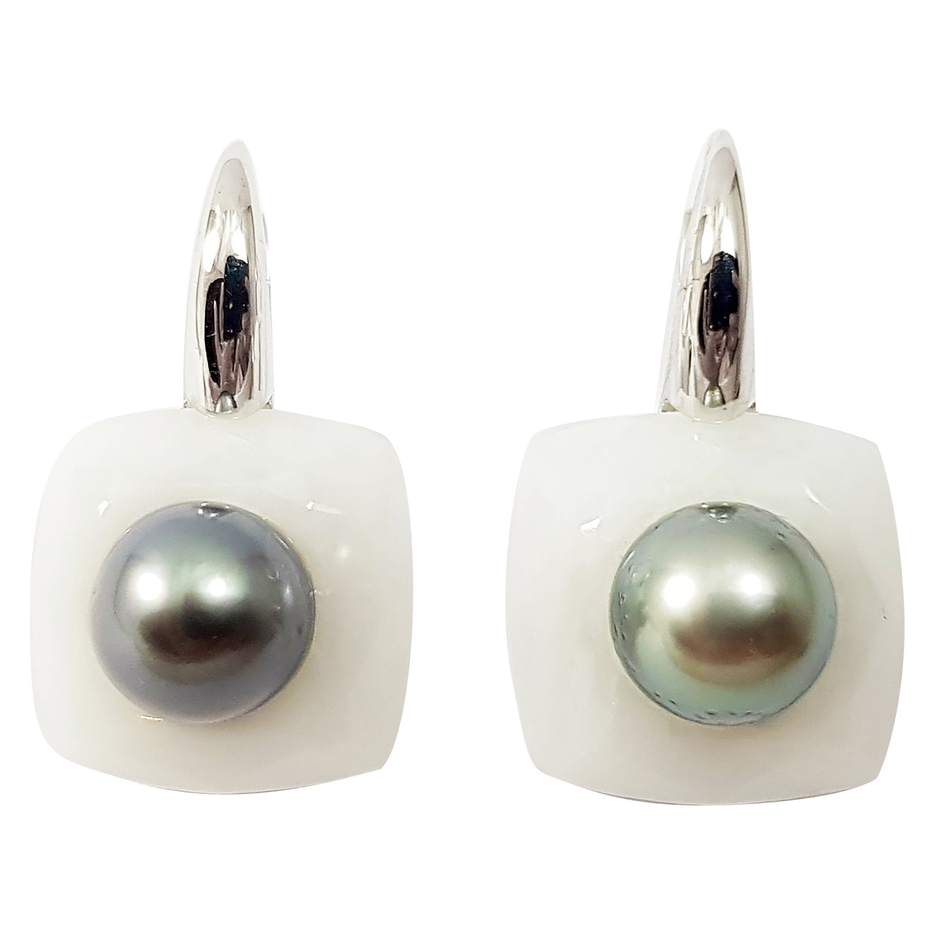 White Agate and South Sea Pearl Earrings Set in 18 Karat White Gold Settings