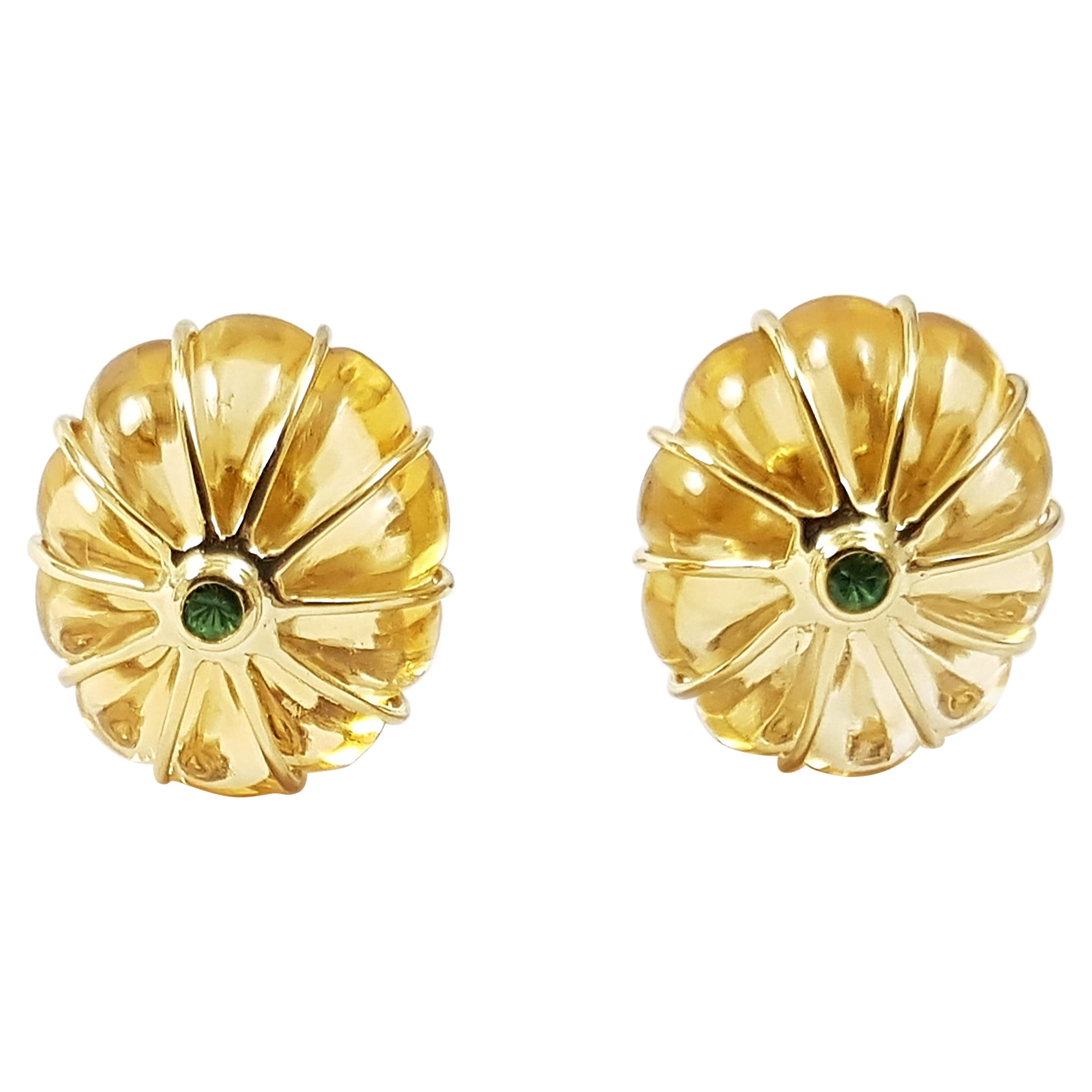 Citrine with Tsavorite Earrings Set in 18 Karat Gold Set For Sale