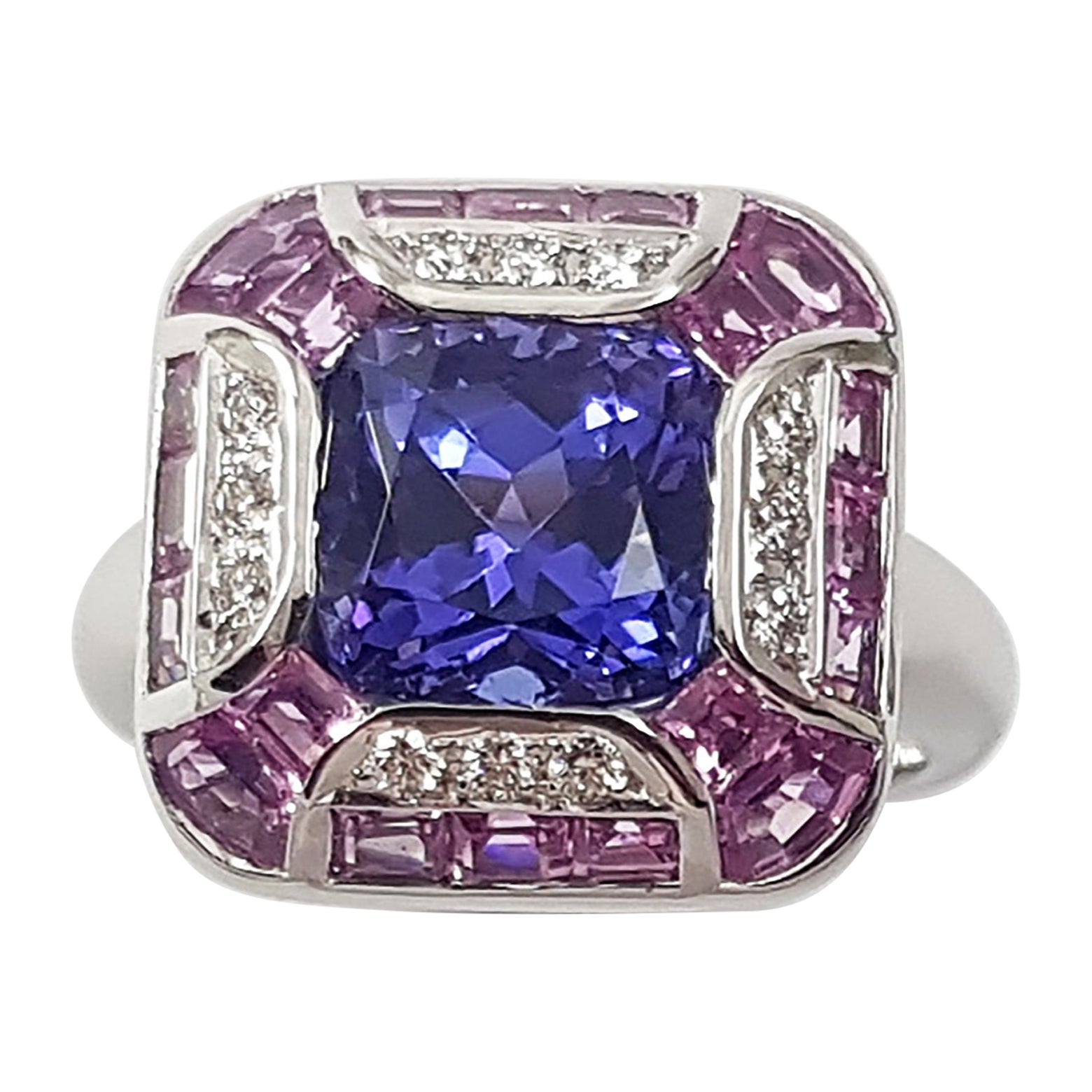 Tanzanite with Pink Sapphire and Diamond Ring Set in 18 Karat White Gold Setting For Sale