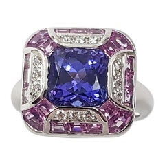 Tanzanite with Pink Sapphire and Diamond Ring Set in 18 Karat White Gold Setting