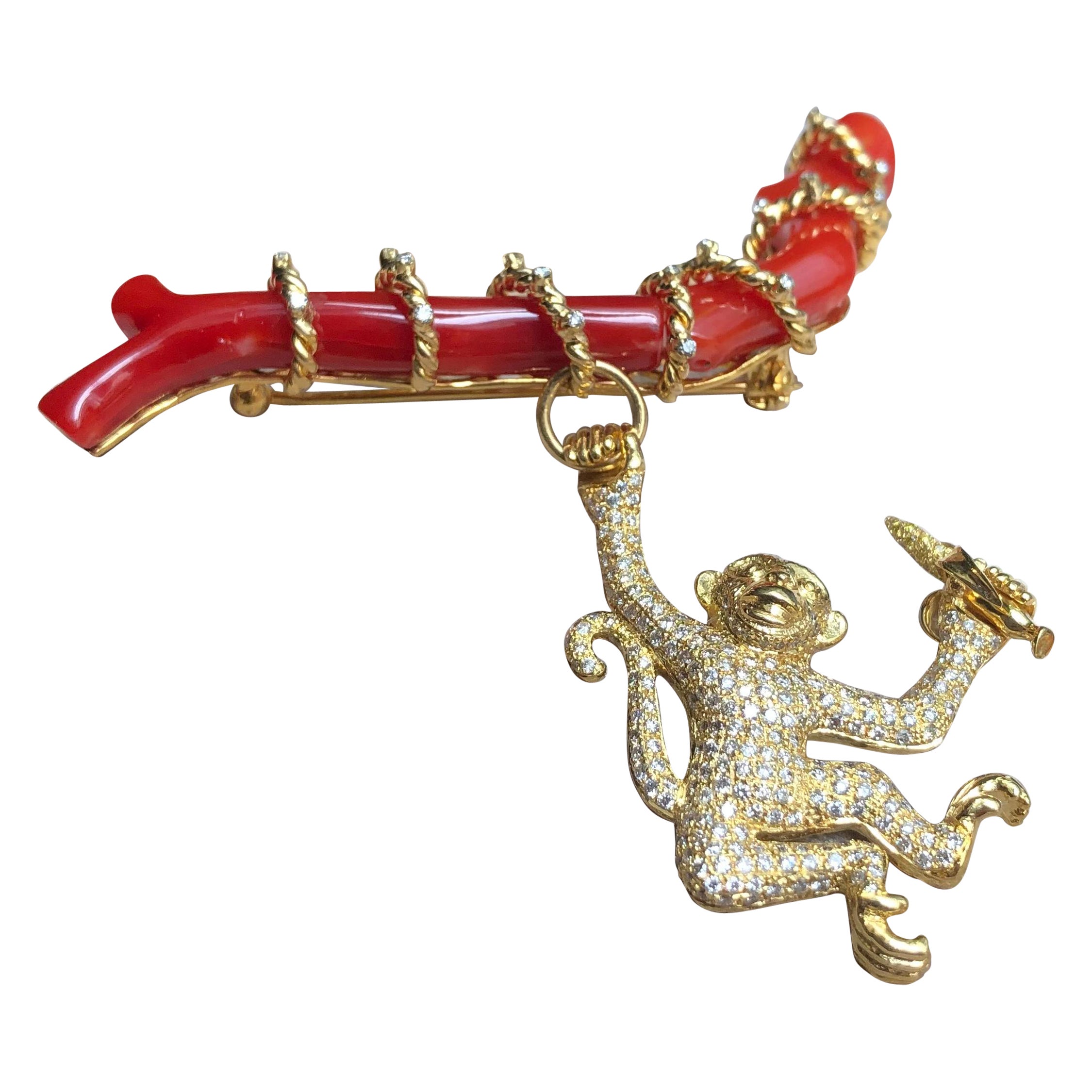 Coral with Yellow Diamond and Brown Diamond Monkey Brooch Set in 18 Karat Gold For Sale