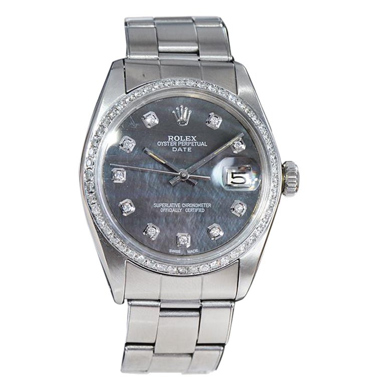 Rolex Steel Oyster Perpetual Date Custom Mother of Pearl Diamond Dial and Bezel For Sale