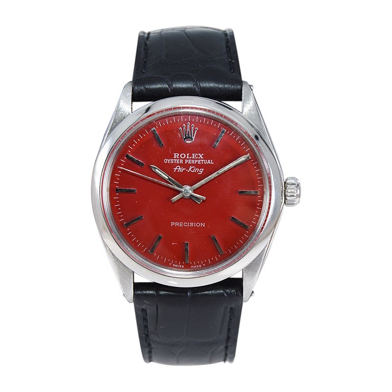 Rolex Stainless Steel Air King Custom Finished Red Dial Late 1960's For Sale