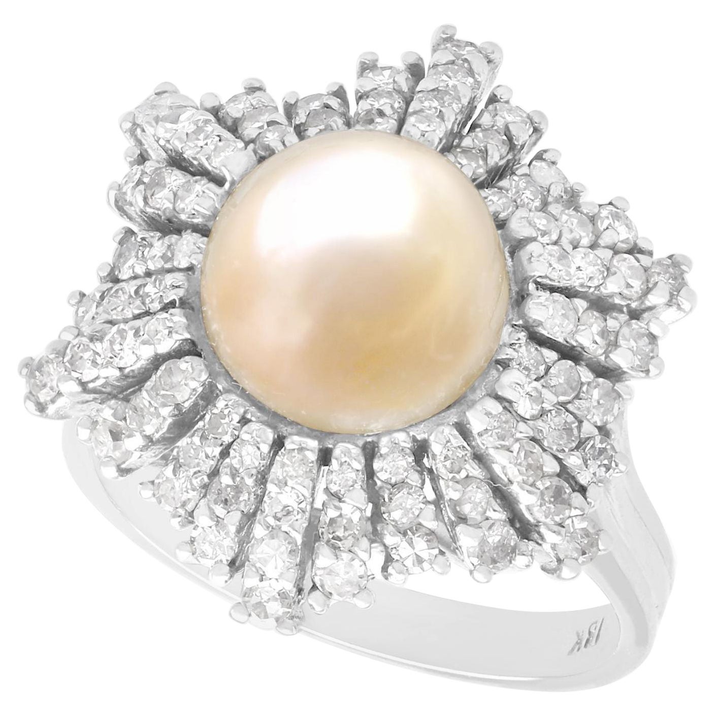 Antiguo Anillo de Cóctel de Oro Blanco con Perla Natural de Agua Salada y Diamantes