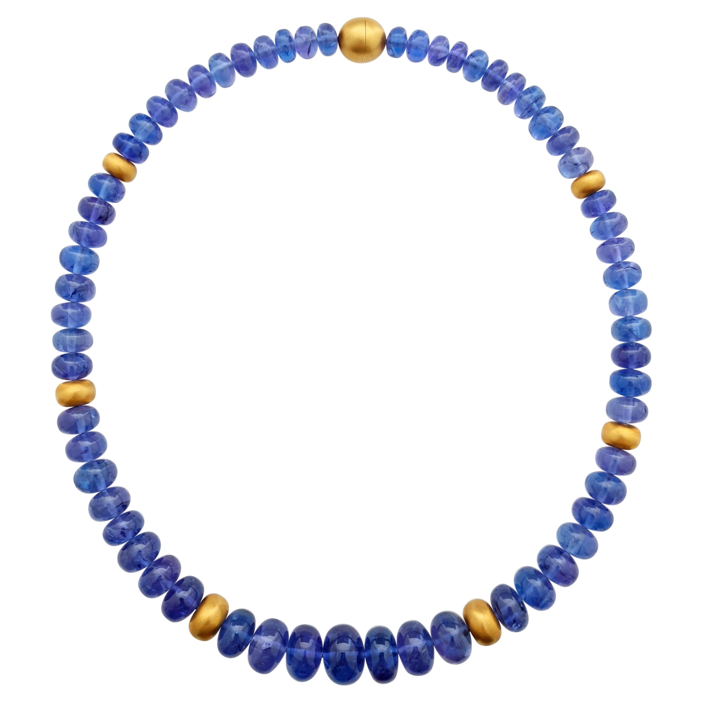Arts and Crafts Cornflower Blue Tanzanite Rondel Beaded Necklace with 18 Carat Mat Yellow Gold