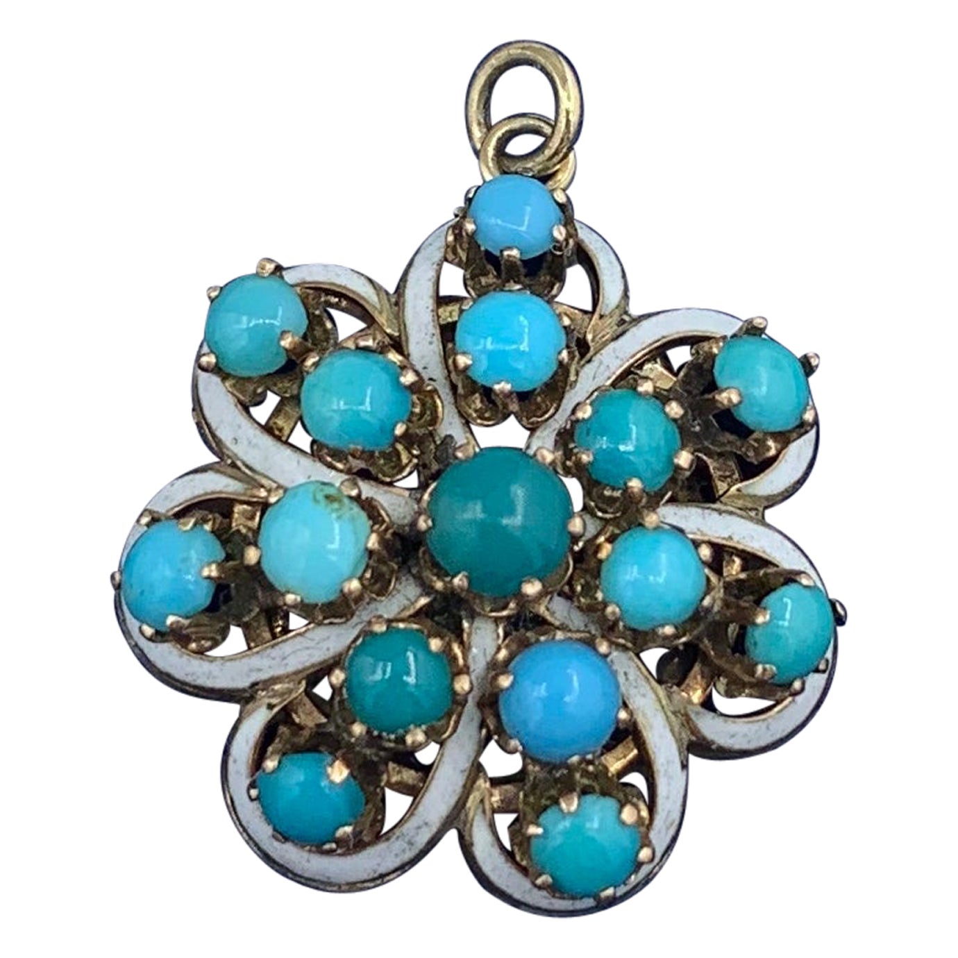 Victorian Turquoise Enamel Pendant 14 Karat Gold Necklace For Sale