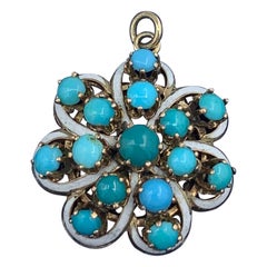 Antique Victorian Turquoise Enamel Pendant 14 Karat Gold Necklace