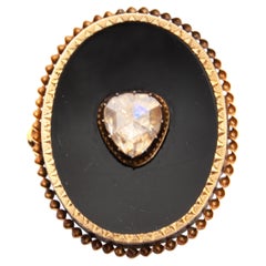 Victorian Rose Cut Heart Diamond Onyx 14 Karat Gold Pin Brooch