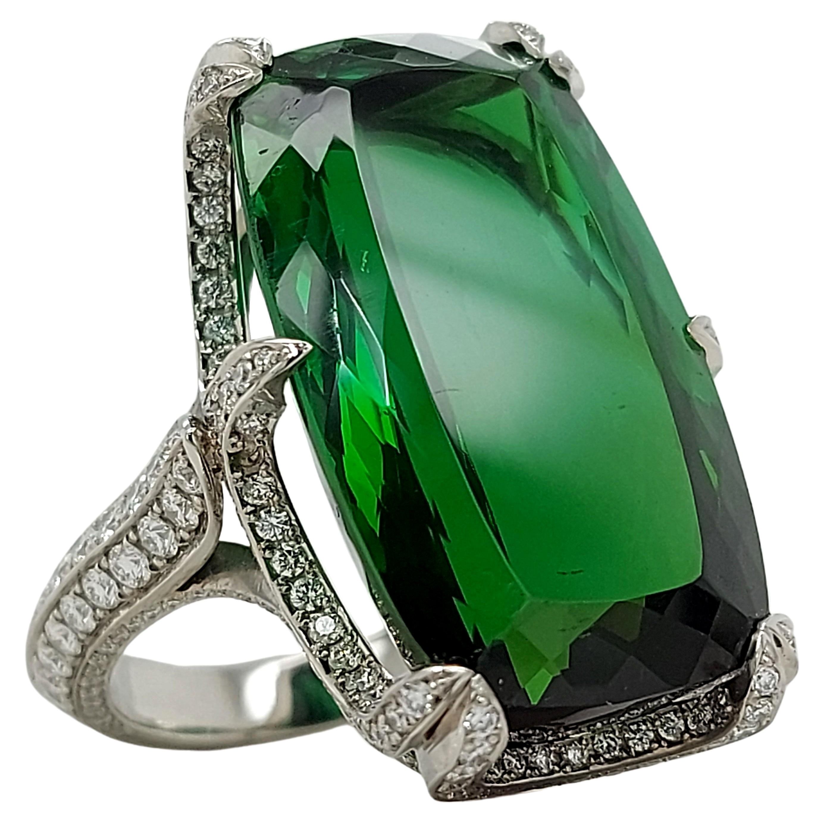 Magnificent Solid Platinum Ring with 45 Carat Tourmaline & Diamonds For Sale