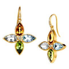 Syna Yellow Gold Multi Gemstone Flower Earrings with Champagne Diamonds