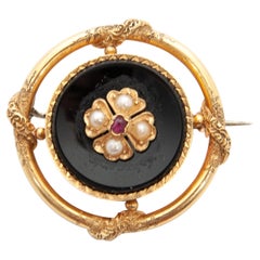 Victorian Onyx Ruby Seed Pearl 14 Karat Gold Brooch